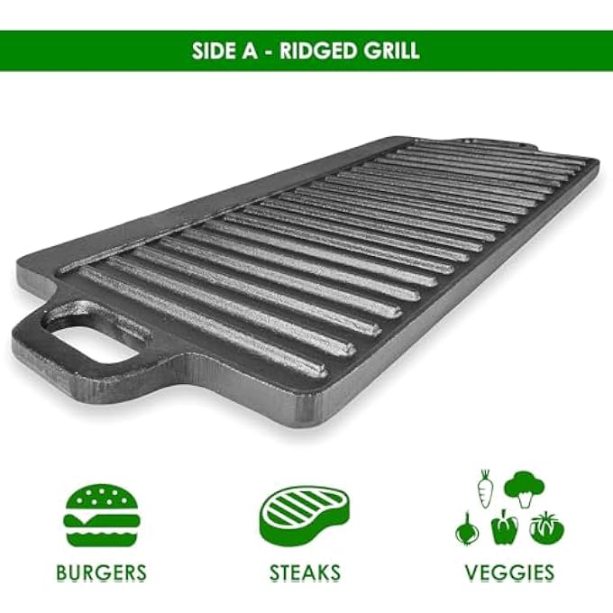 HOUSLET 2In1 Reversible 45 X 23Cm Cast Iron Griddle With Handles Preseasoned  NonStick For Gas Stovetop Oven And Open FireHeavy Duty Cooking Skillet Grill Camping Bbq - Image 3