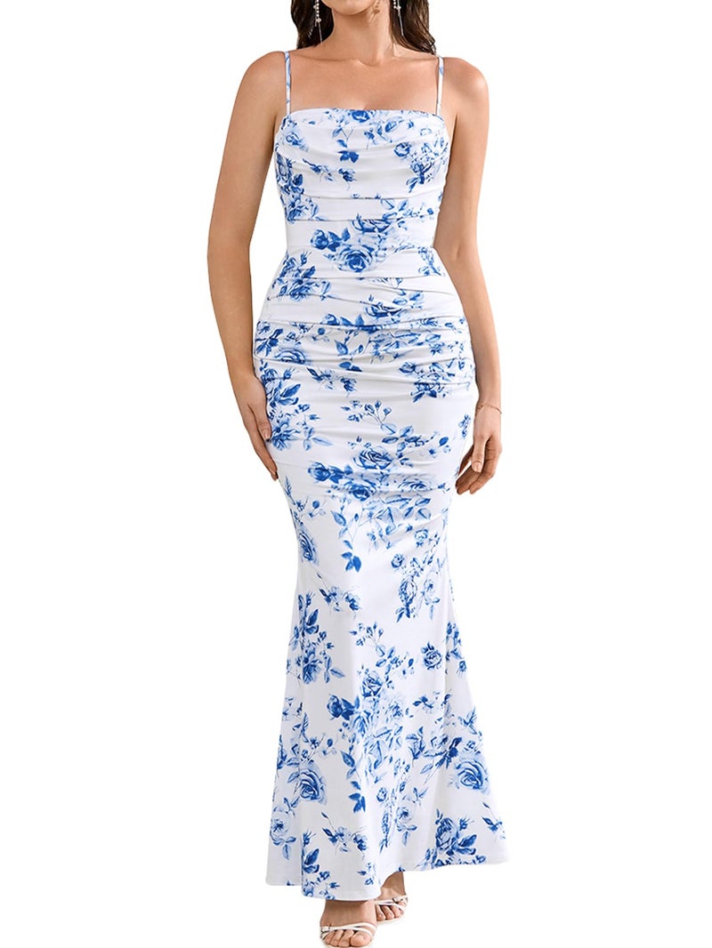 EYNMIN Women's Floral Corset Maxi Dress Sleeveless Bodycon Spaghetti Strap Ruched Elegant Wedding Guest Long Formal Dresses Blue Floral M - Image 1