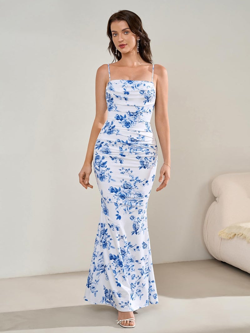 EYNMIN Women's Floral Corset Maxi Dress Sleeveless Bodycon Spaghetti Strap Ruched Elegant Wedding Guest Long Formal Dresses Blue Floral M - Image 2