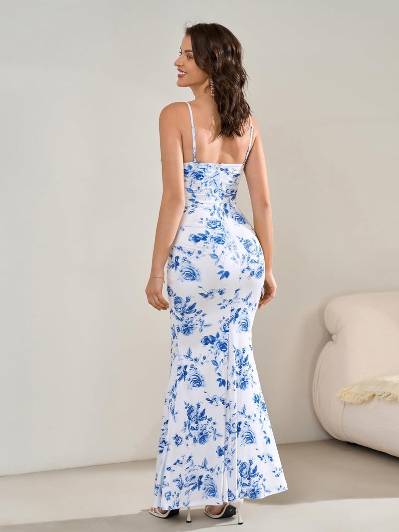 EYNMIN Women's Floral Corset Maxi Dress Sleeveless Bodycon Spaghetti Strap Ruched Elegant Wedding Guest Long Formal Dresses Blue Floral M - Image 3