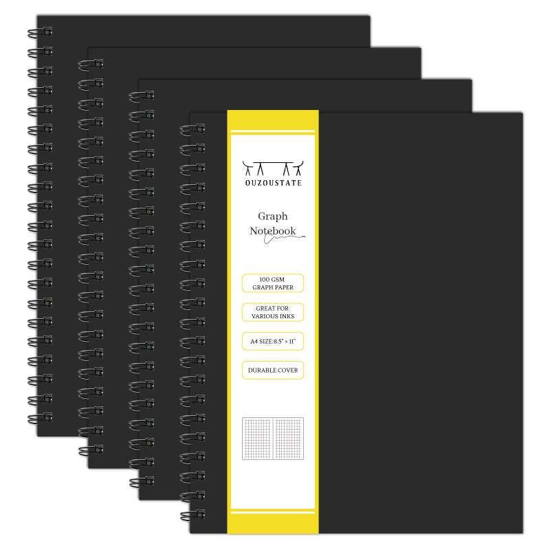 Ouzoustate Graph Paper Spiral Notebook-A4 Grid Journal 8.5"" X 11"" - 4 Pack 160 Pages 100Gsm Thick Paper Large Hardcover Notebooks For Note Taking Engineering Graphing Work School Supplies Black - Image 1
