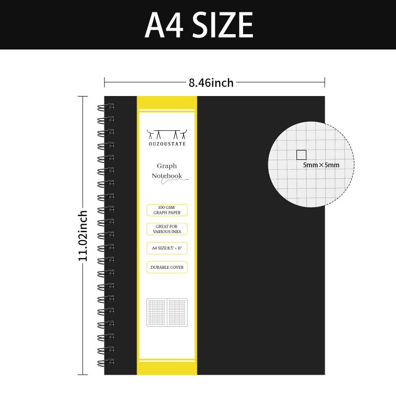 Ouzoustate Graph Paper Spiral Notebook-A4 Grid Journal 8.5"" X 11"" - 4 Pack 160 Pages 100Gsm Thick Paper Large Hardcover Notebooks For Note Taking Engineering Graphing Work School Supplies Black - Image 2