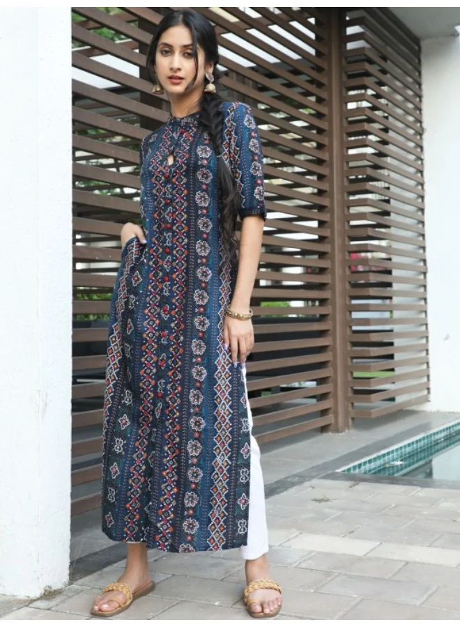AKS Navy Blue & Red Gold Printed Button Down Kurta