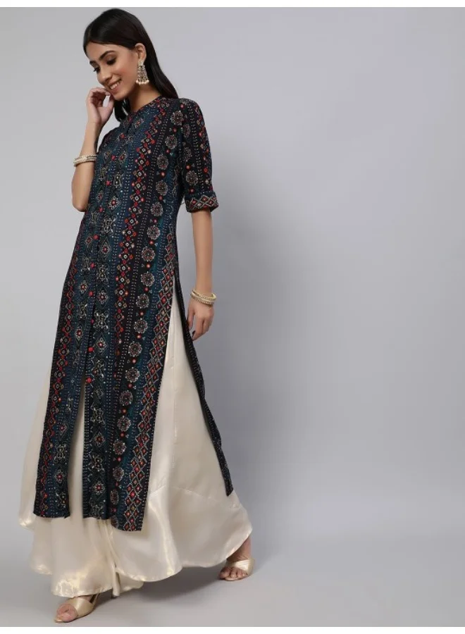 AKS Navy Blue & Red Gold Printed Button Down Kurta