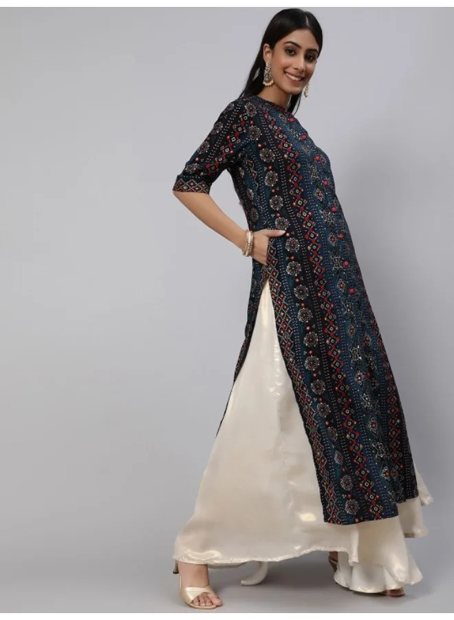AKS Navy Blue & Red Gold Printed Button Down Kurta