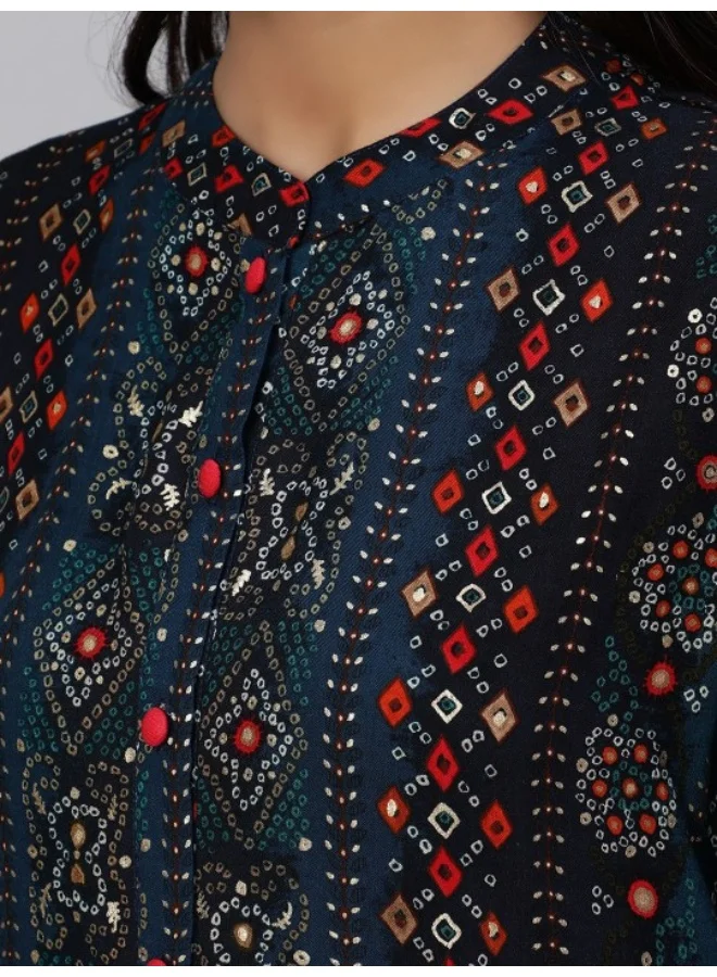 AKS Navy Blue & Red Gold Printed Button Down Kurta
