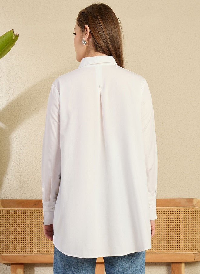 StyleStone White Cotton Oversized Smart Casual Shirt with Spread Collar - Image 4
