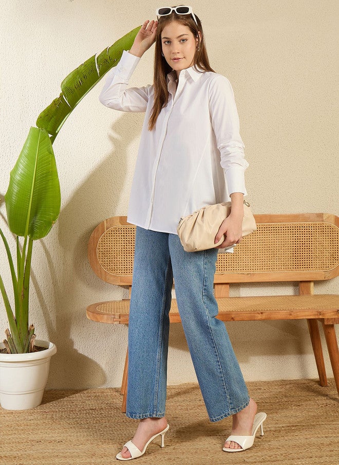 StyleStone White Cotton Oversized Smart Casual Shirt with Spread Collar - Image 5