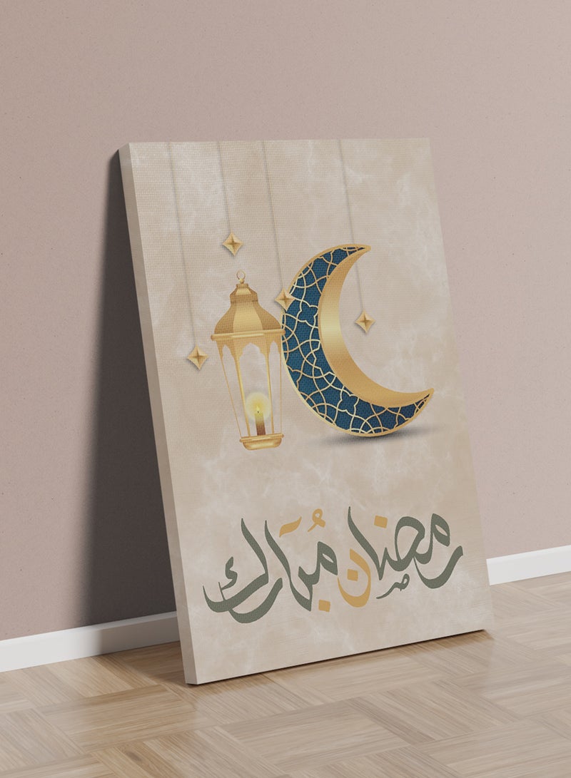 لوحة كانفاس على إطار خشبي بتصميم هلال وفانوس رمضان - Image 1