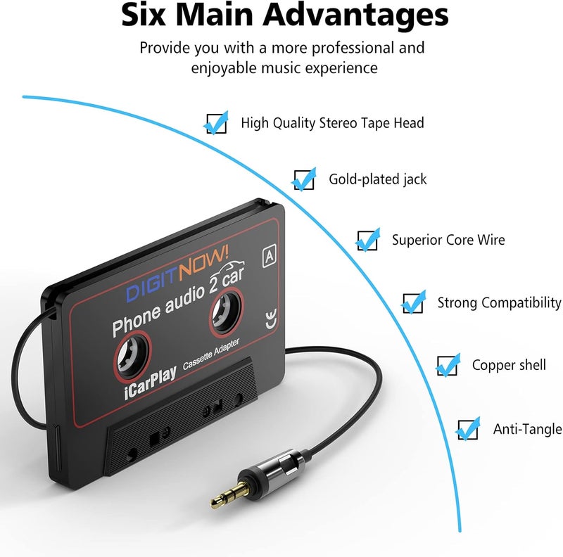 DIGITNOW Car Audio Cassette to Aux Adapter, 3.5MM Aux Audio Cable Tape Player for Smartphone/MP3 Player/CD Player, 3.7Ft Cable(Black) - Image 2