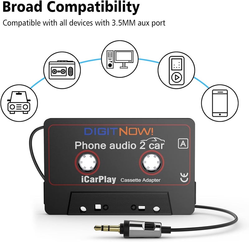 DIGITNOW Car Audio Cassette to Aux Adapter, 3.5MM Aux Audio Cable Tape Player for Smartphone/MP3 Player/CD Player, 3.7Ft Cable(Black) - Image 5