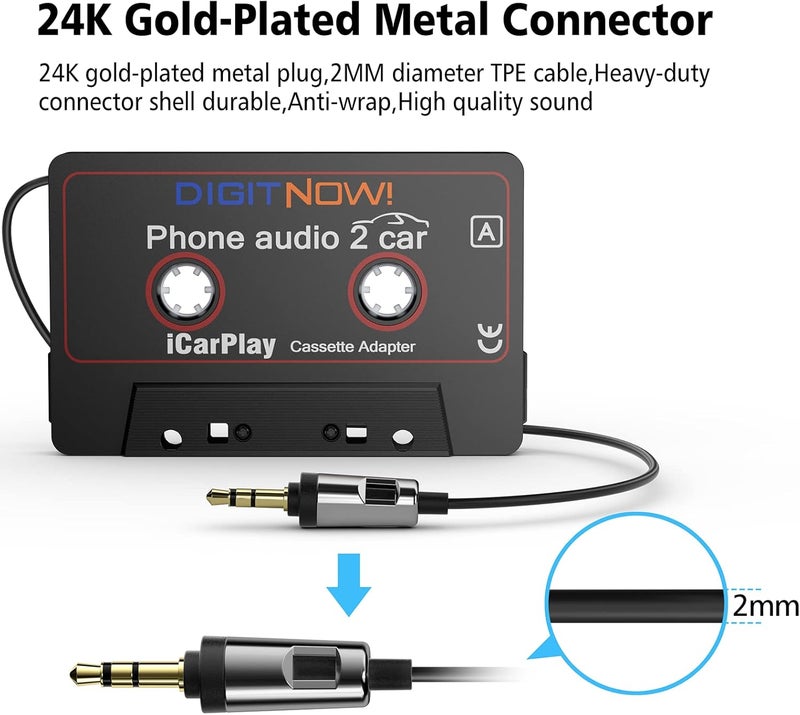 DIGITNOW Car Audio Cassette to Aux Adapter, 3.5MM Aux Audio Cable Tape Player for Smartphone/MP3 Player/CD Player, 3.7Ft Cable(Black) - Image 4