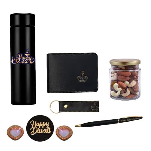 SAVRI Diwali Gift Set Leather Mens Wallet with King Charm Engraved Keychain Pen Temperature Bottle with Happy Diwali Quote Best Corporate Festival Gift for Men Office Staff Black - Image 1
