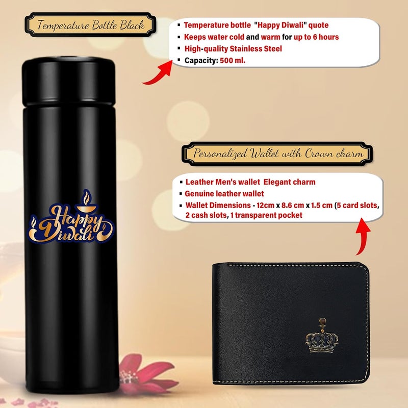 SAVRI Diwali Gift Set Leather Mens Wallet with King Charm Engraved Keychain Pen Temperature Bottle with Happy Diwali Quote Best Corporate Festival Gift for Men Office Staff Black - Image 3