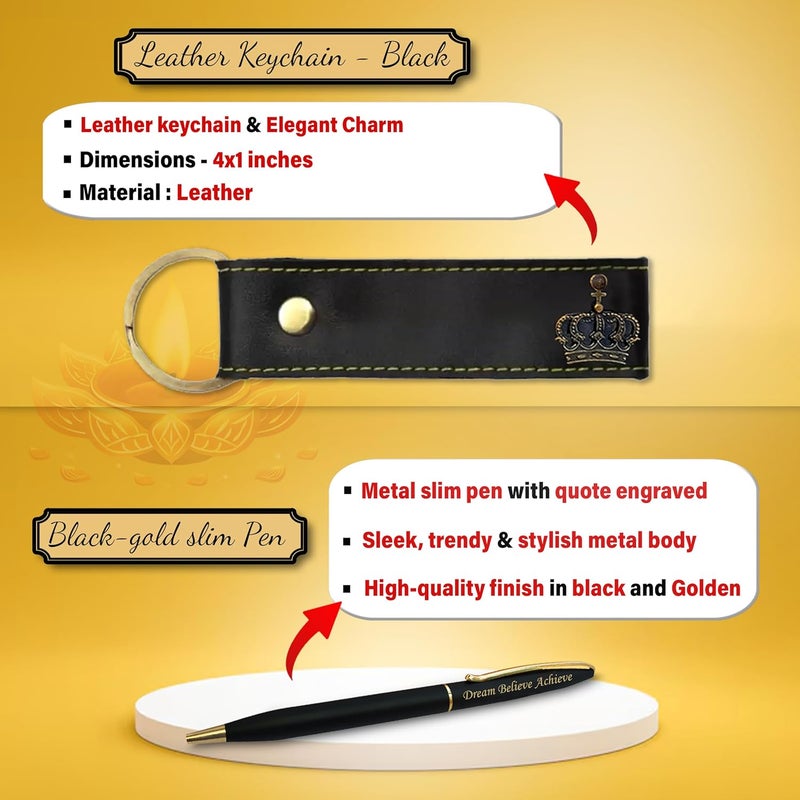 SAVRI Diwali Gift Set Leather Mens Wallet with King Charm Engraved Keychain Pen Temperature Bottle with Happy Diwali Quote Best Corporate Festival Gift for Men Office Staff Black - Image 2