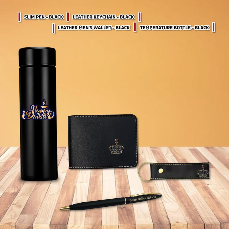 SAVRI Diwali Gift Set Leather Mens Wallet with King Charm Engraved Keychain Pen Temperature Bottle with Happy Diwali Quote Best Corporate Festival Gift for Men Office Staff Black - Image 4
