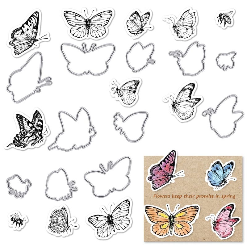 Hying Hying Spring Butterfly Stamps and Dies for Card Making Insect Bee Cutting Die and Clear Stamps for Bullet Journal DIY Scrapbook Decoration Handmade Crafts Notebook 