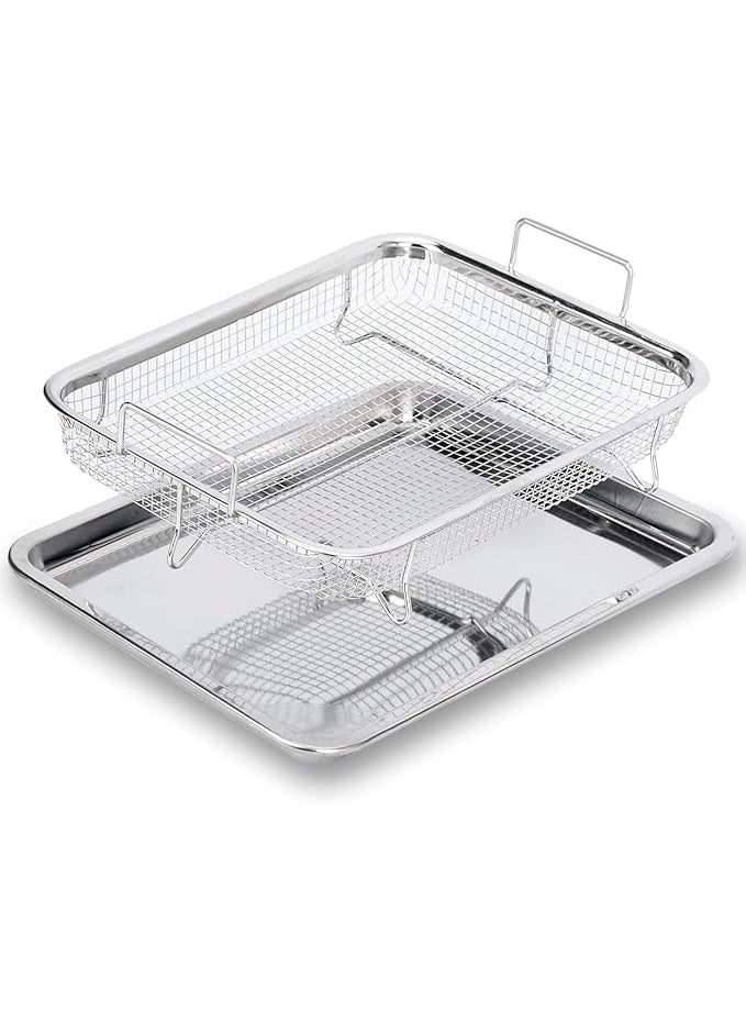 SAMUSAGYA SAMUSAGYA Air Fry Basket with Tray Stainless Steel Fryer Oven Accessories Baking Crispy Chicken Pan Non Stick Grill Rectangle French Fries Rack and Carbon Pan Crisper Mesh SetNonStick ChickenFrench Onion Rings  - Image 1