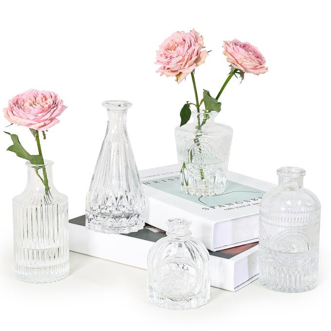 GLASS BUD VASE SET OF 5 CLEAR SMALL FLOWER VASES FOR CENTERPIECES IN BULK MINI VINTAGE VASE FOR RUSTIC WEDDING HOMETABLE