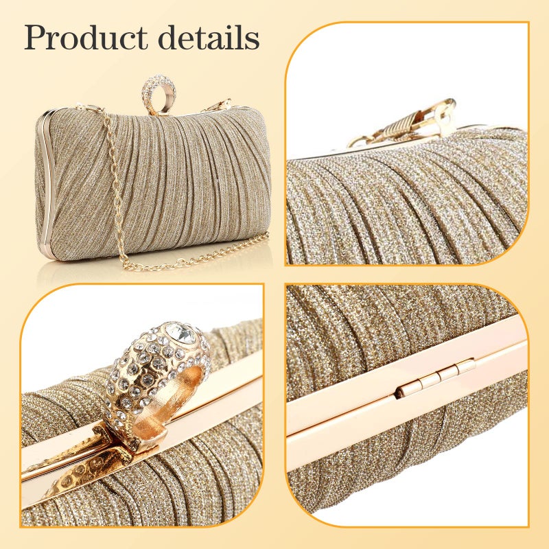 Gets Clutch Purse for Women Pleated Glitter Evening Clutch Purses with Rhinestone Evening Bag for Bridal Wedding Party (Gold)  - Image 2