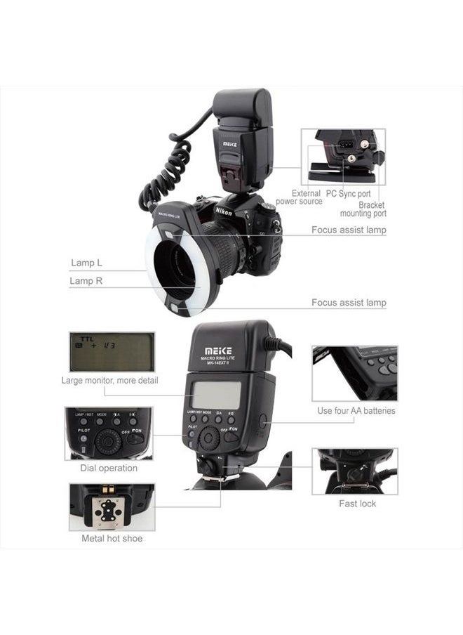 Meike - iTTL TTL LED Macro Ring Flash Light for Nikon d3400 d5600 d5300 d3300 d3200 d3100 d5500 d5200 d5100 d7100 d750 d850 d7200 d500 d810 d7500 d5600 d5500 d7000 d3300 DSLR Camera with Hot Shoe Mount - Image 1