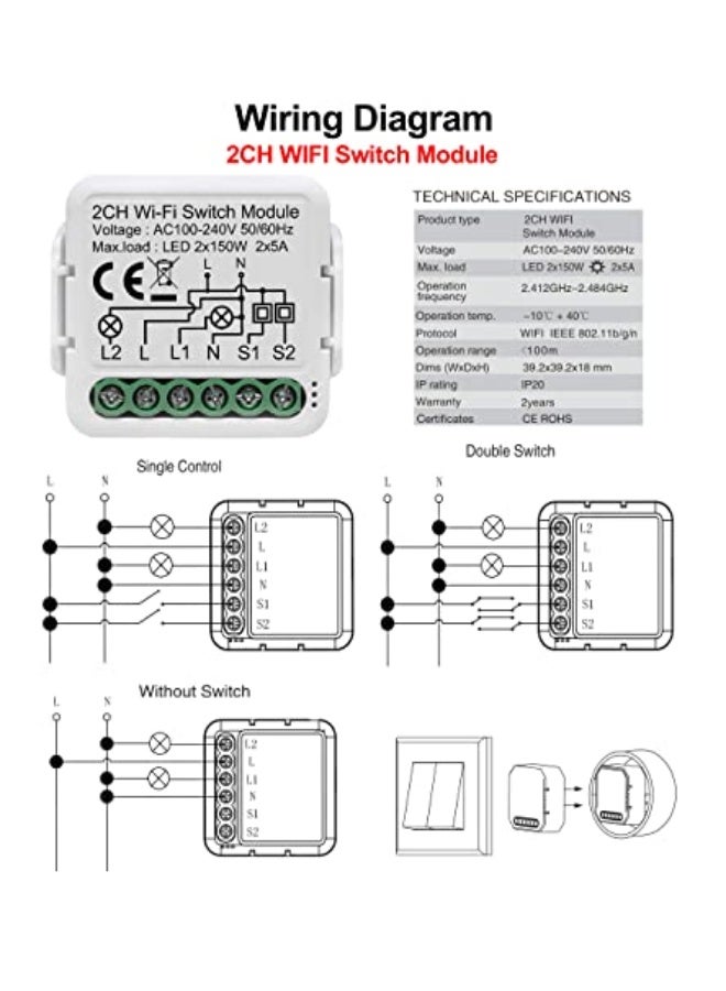 Beauenty UanTii Tuya Wifi Smart Light Switch Module DIY Breaker 100-240V Supports 2 Way Control App Remote Control Works with Alexa and Google Home 2gang - Image 3