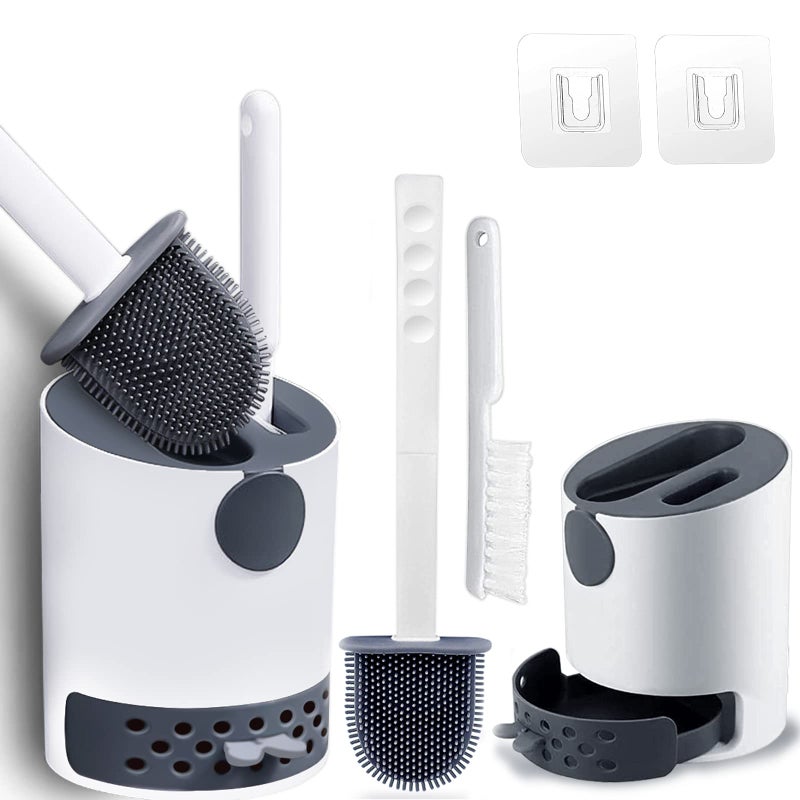 Hulameda Toilet Brush and Holder 2 Pack Silicone Toilet Cleaning Brush with Quick Drying Holder 4 x 55 Inches Black  White FlooringMounted Wall