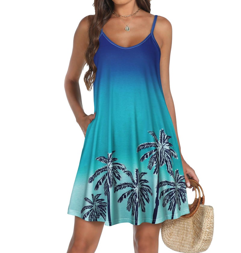 elescat Womens Summer Dresses Spaghetti Strap V Neck Casual Sleeveless Sundress Beach Cover Ups with Pockets (Blue Hawaiian Tree, L) - Image 2