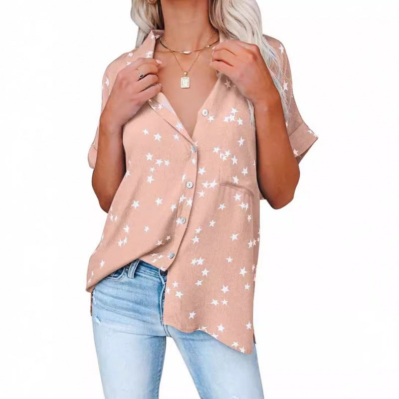 Women's Star Print V-Neck Button Front Batwing Short Sleeve Blouse - Image 3