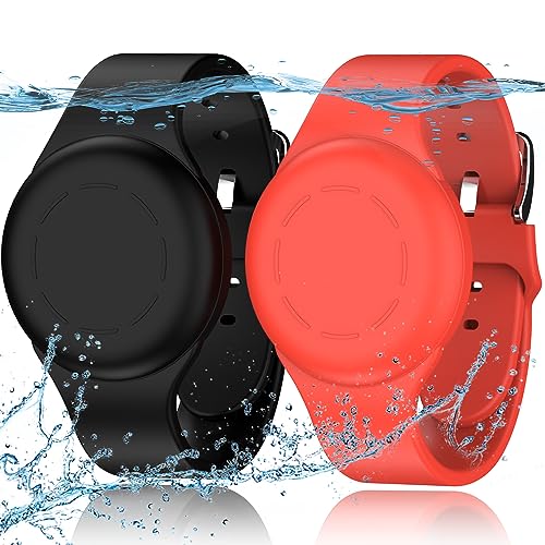 R-fun Waterproof for Air Tag Bracelets [2 Pack] Compatible with Apple Air Tag Finders with Soft Silicone,Anti Lost GPS Item Finders Case Cover,Black/Red - Image 1
