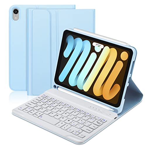BORIYUAN Keyboard Case for iPad mini A17 Pro 7th Generation 2024 iPad mini 6th Gen 83 Inch Detachable Wireless Bluetooth Keyboard Soft TPU Back Cover with Buildin Pencil Holder Sky Blue - Image 1