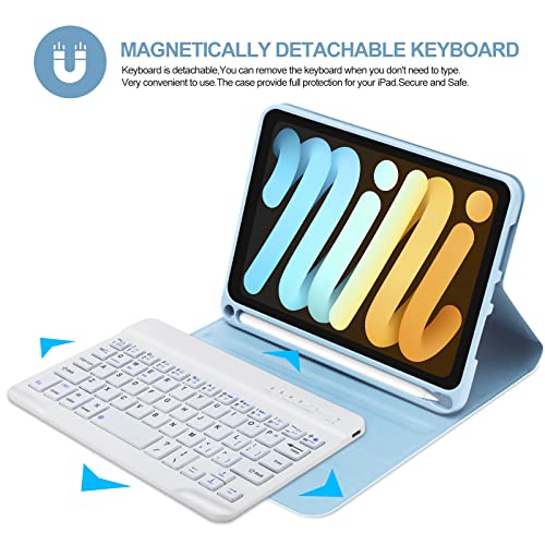 BORIYUAN Keyboard Case for iPad mini A17 Pro 7th Generation 2024 iPad mini 6th Gen 83 Inch Detachable Wireless Bluetooth Keyboard Soft TPU Back Cover with Buildin Pencil Holder Sky Blue - Image 3