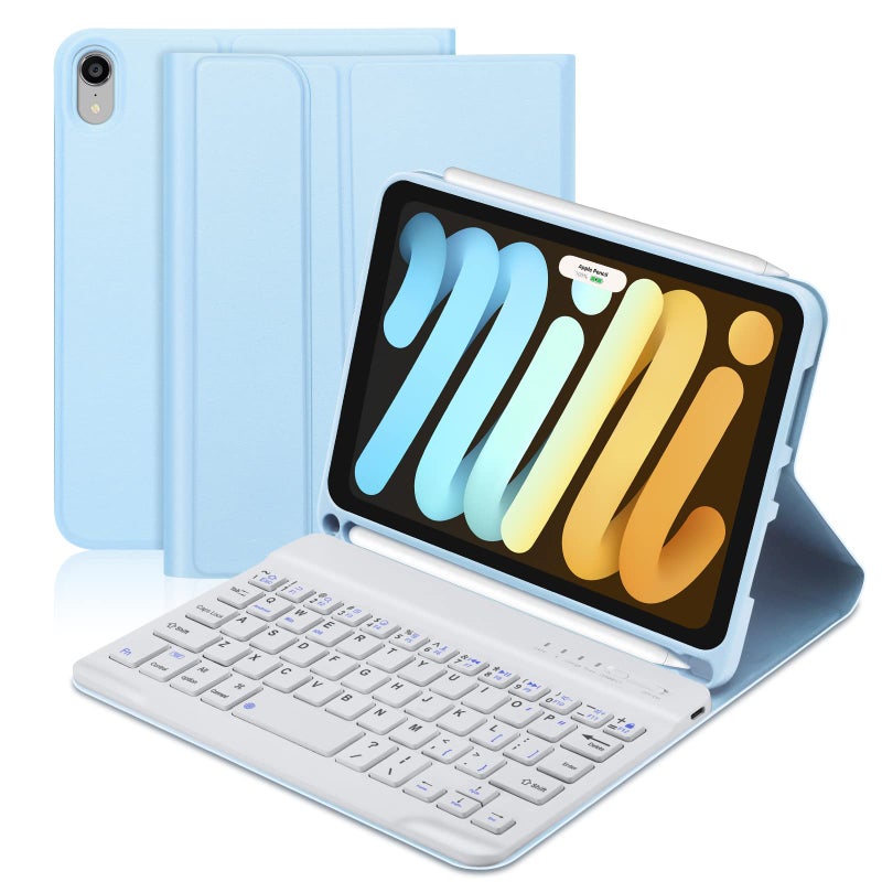 BORIYUAN Keyboard Case for iPad mini A17 Pro 7th Generation 2024 iPad mini 6th Gen 83 Inch Detachable Wireless Bluetooth Keyboard Soft TPU Back Cover with Buildin Pencil Holder Sky Blue - Image 2