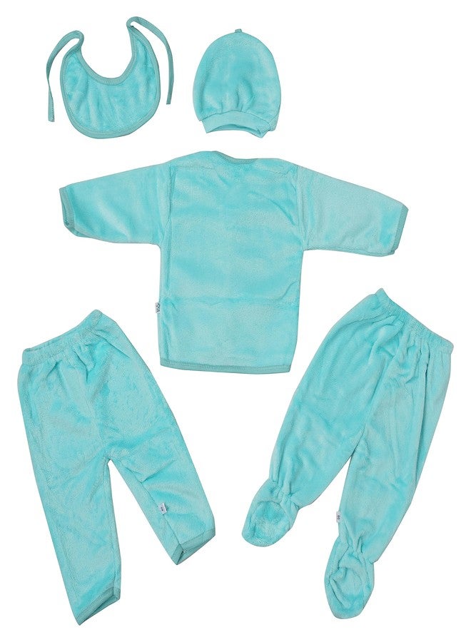 TENDSY Unisex Winter Wear Clothes 5Pcs Sets, Cotton Fleece Baby Suit To Keep Infant Warm (Pack of 1 Upper, 2 Pajamas, 1 Bib And 1 Cap) (0-6 Months, Seagreen) - Image 4