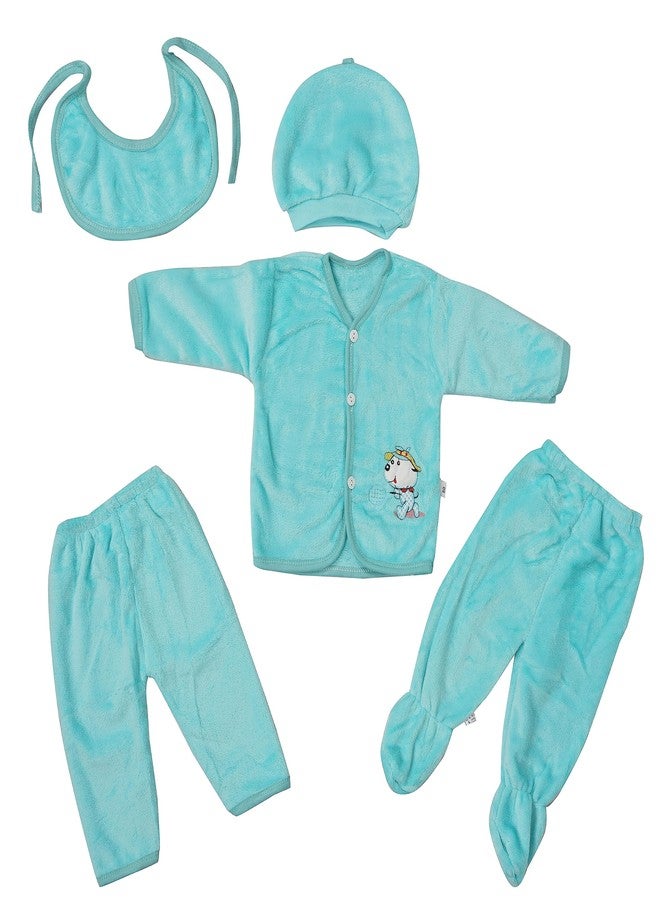 TENDSY Unisex Winter Wear Clothes 5Pcs Sets, Cotton Fleece Baby Suit To Keep Infant Warm (Pack of 1 Upper, 2 Pajamas, 1 Bib And 1 Cap) (0-6 Months, Seagreen) - Image 2