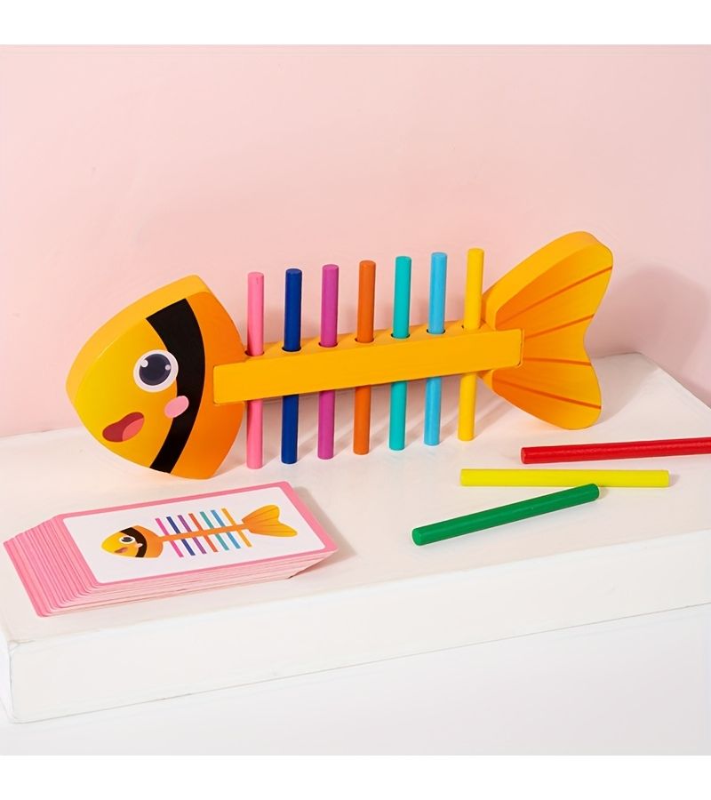 Wood Fishbone Insert Stick Color Sorting Puzzle Toy Color Coded Learning Activity Educational Motor Skills Development Game - Image 5