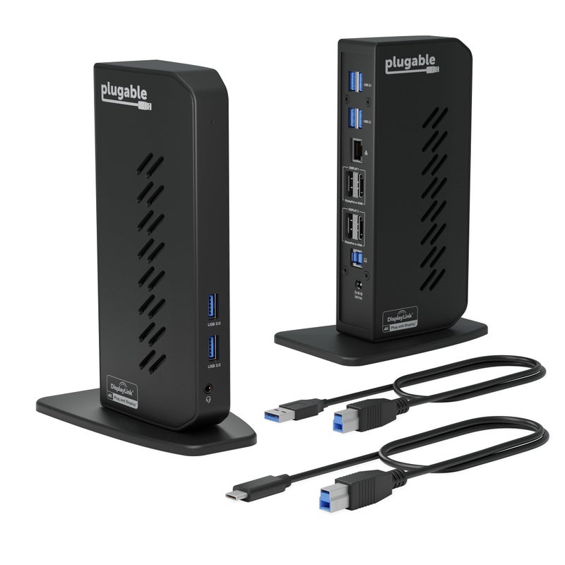 Plugable USB 3.0 and USB-C Dual 4K Display Docking Station with DisplayPort and HDMI for Windows and Mac (Dual 4K DisplayPort & HDMI, Gigabit Ethernet, Audio, 6 USB Ports) Vertical - Image 1