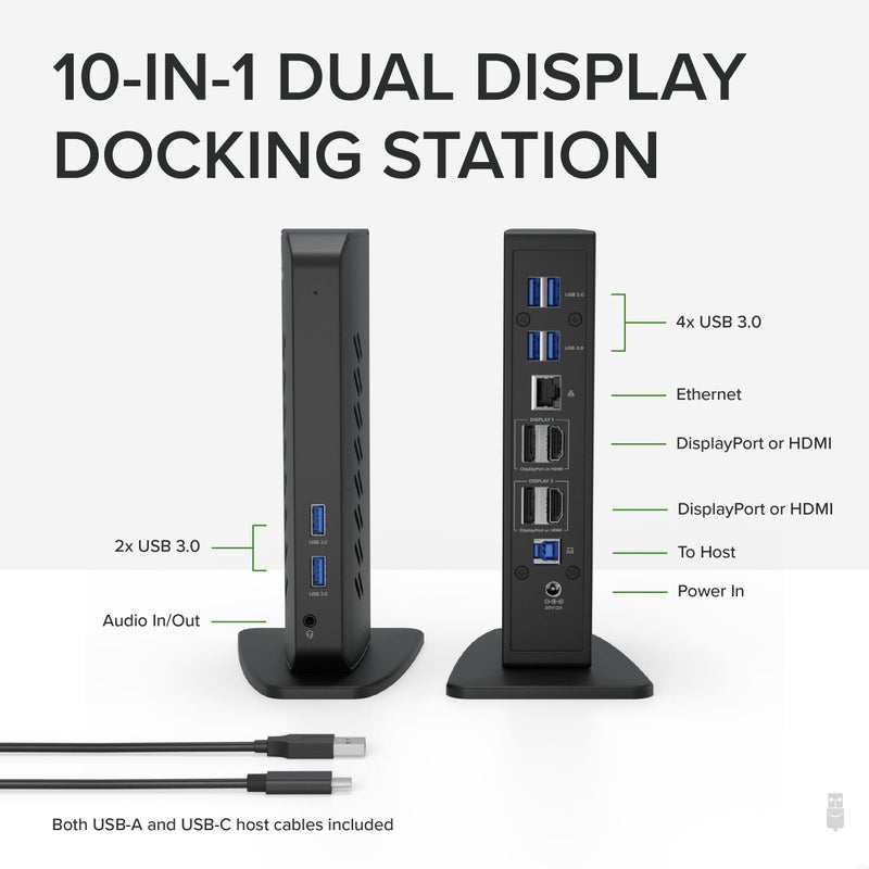 Plugable USB 3.0 and USB-C Dual 4K Display Docking Station with DisplayPort and HDMI for Windows and Mac (Dual 4K DisplayPort & HDMI, Gigabit Ethernet, Audio, 6 USB Ports) Vertical - Image 2