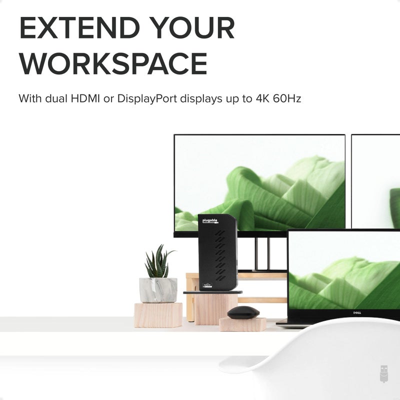 Plugable USB 3.0 and USB-C Dual 4K Display Docking Station with DisplayPort and HDMI for Windows and Mac (Dual 4K DisplayPort & HDMI, Gigabit Ethernet, Audio, 6 USB Ports) Vertical - Image 3