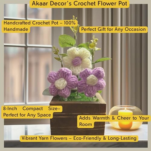 Akaar Decor's Handcrafted Crochet Flower Pot | Artificial Flowers for Home | Birthday | Anniversary | Housewarming Gifts | 100% Handmade Yarn Flower Décor (8 Inch, Wooden Base) (Purple) - Image 4