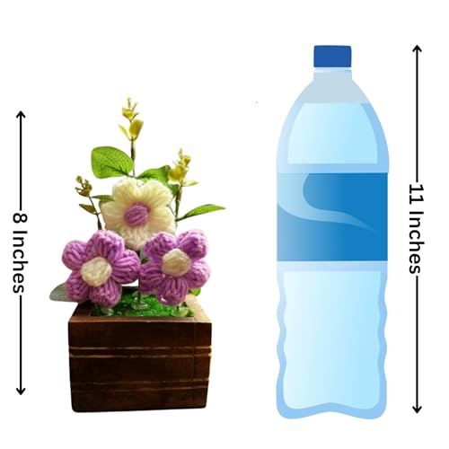 Akaar Decor's Handcrafted Crochet Flower Pot | Artificial Flowers for Home | Birthday | Anniversary | Housewarming Gifts | 100% Handmade Yarn Flower Décor (8 Inch, Wooden Base) (Purple) - Image 2