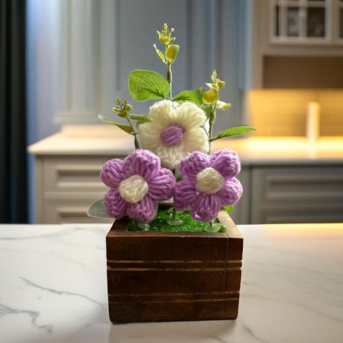 Akaar Decor's Handcrafted Crochet Flower Pot | Artificial Flowers for Home | Birthday | Anniversary | Housewarming Gifts | 100% Handmade Yarn Flower Décor (8 Inch, Wooden Base) (Purple) - Image 1