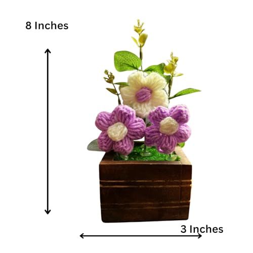 Akaar Decor's Handcrafted Crochet Flower Pot | Artificial Flowers for Home | Birthday | Anniversary | Housewarming Gifts | 100% Handmade Yarn Flower Décor (8 Inch, Wooden Base) (Purple) - Image 3