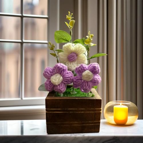 Akaar Decor's Handcrafted Crochet Flower Pot | Artificial Flowers for Home | Birthday | Anniversary | Housewarming Gifts | 100% Handmade Yarn Flower Décor (8 Inch, Wooden Base) (Purple) - Image 5