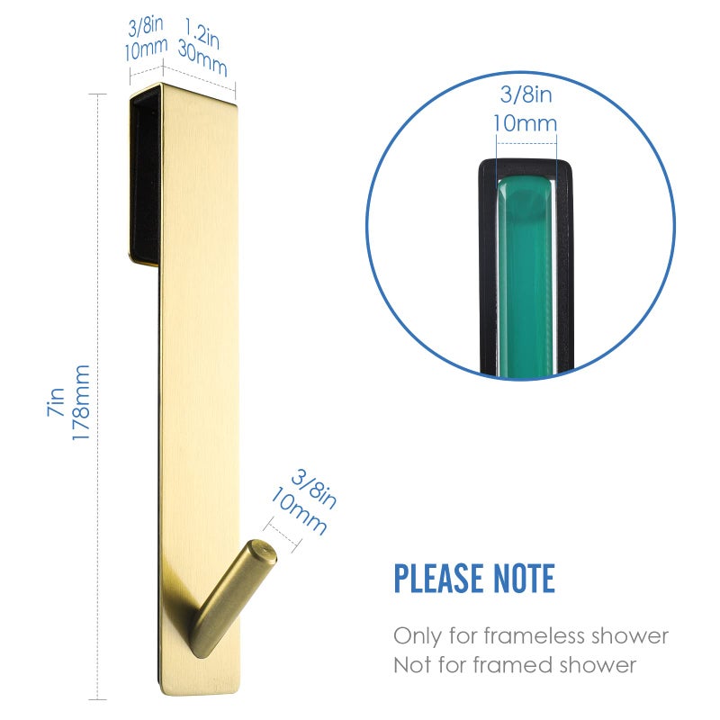 Simtive Extended Shower Door Hooks (7-Inch), Over Door Hooks for Bathroom Frameless Glass Shower Door, Towel Hooks, 2-Pack, Gold - Image 5