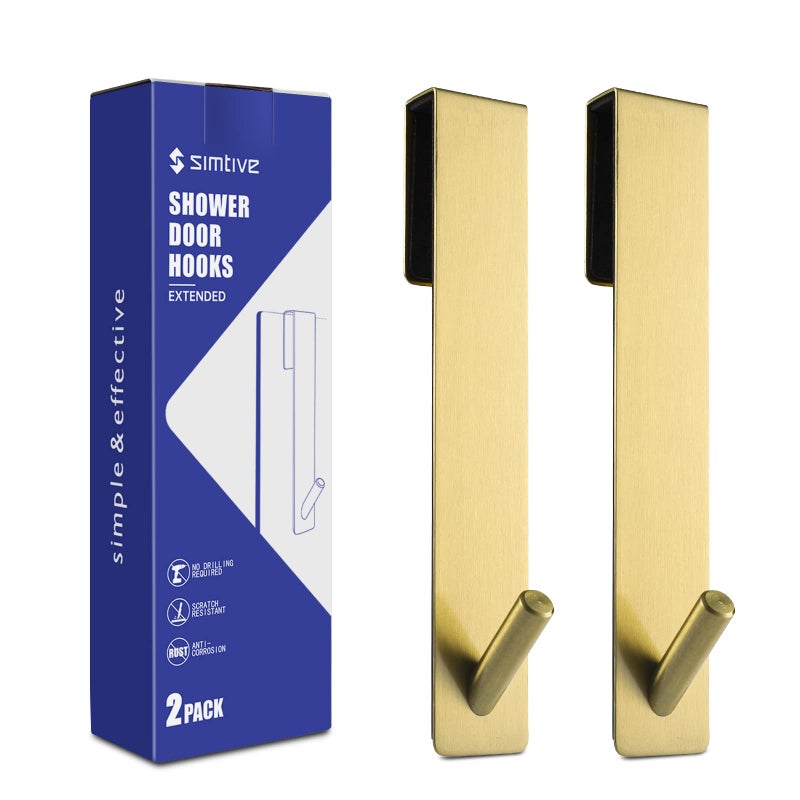 Simtive Extended Shower Door Hooks (7-Inch), Over Door Hooks for Bathroom Frameless Glass Shower Door, Towel Hooks, 2-Pack, Gold - Image 1