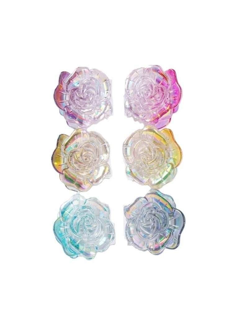 Holographic Flower Hair Clips, 6 Pieces, Iridescent Finish, Plastic