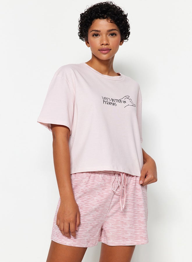 trendyol Powder Cotton Striped Slogan Printed Shorts Knitted Pajama Set  - Image 1
