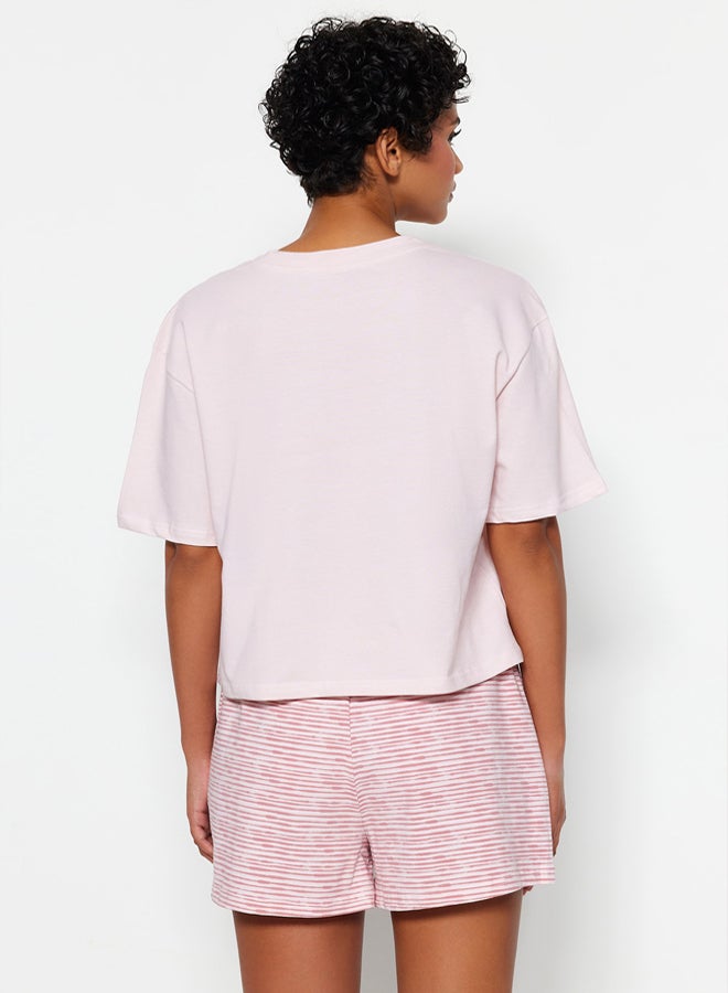trendyol Powder Cotton Striped Slogan Printed Shorts Knitted Pajama Set  - Image 5