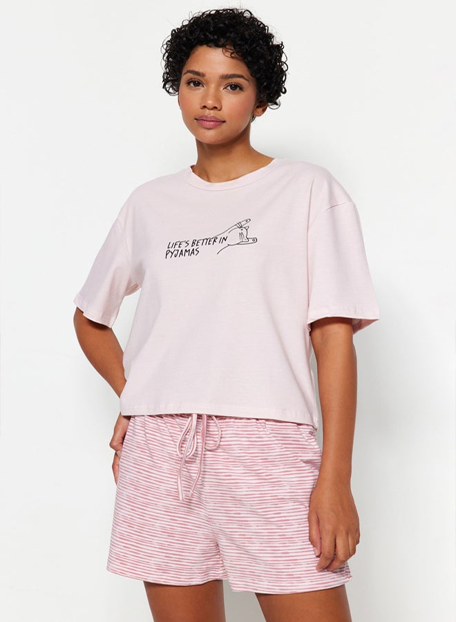 trendyol Powder Cotton Striped Slogan Printed Shorts Knitted Pajama Set  - Image 2